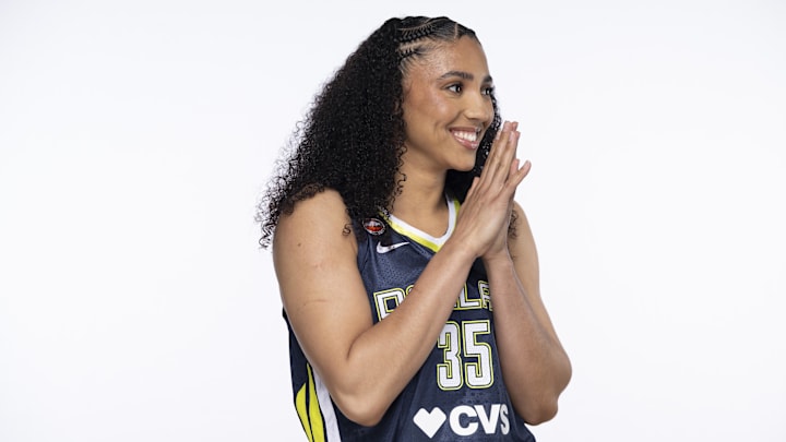 Apr 27, 2026; Arlington, TX, USA;  Dallas Wings guard Azzi Fudd (35) poses for a photo during the 2026 Dallas Wings media day at College Park Center. Mandatory Credit: Jerome Miron-Imagn Images