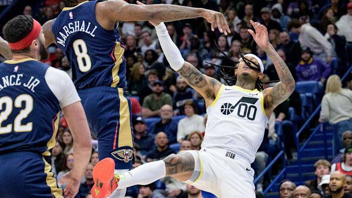 Dec 28, 2023; New Orleans, Louisiana, USA; New Orleans Pelicans forward Naji Marshall (8) blocks the
