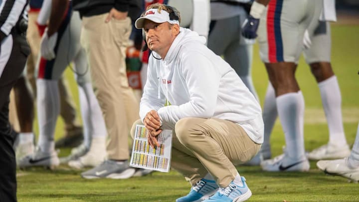 Ole Miss coach Lane Kiffin looks up at the scoreboard during a time out in second half of the Egg Bowl at Davis Wade Stadium in Starkville, Miss., Thursday, Nov. 23, 2023.