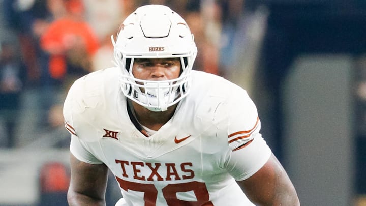 Dec 2, 2023; Arlington, TX, USA; Texas Longhorns offensive lineman Kelvin Banks Jr. (78) during the second quarter against the Oklahoma State Cowboys at AT&T Stadium. Mandatory Credit: Andrew Dieb-Imagn Images Dec 2, 2023; Arlington, TX, USA; Texas Longhorns offensive lineman Kelvin Banks Jr. (78) during the second quarter against the Oklahoma State Cowboys at AT&T Stadium. Mandatory Credit: Andrew Dieb-Imagn Images