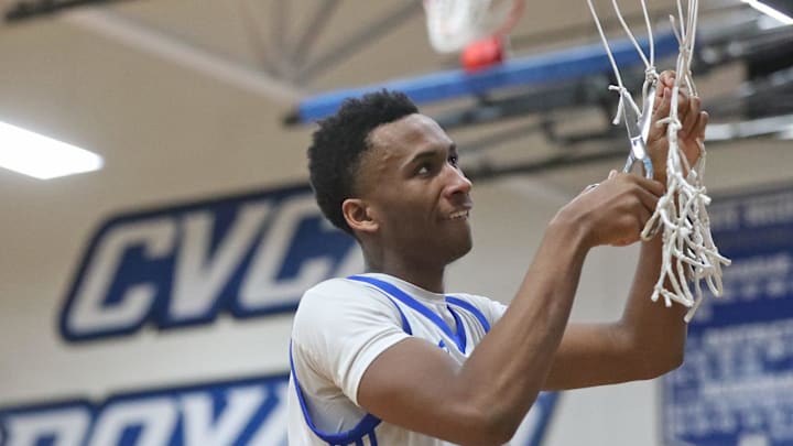 CVCA's Darryn Peterson takes his cut at the net after a 57-36 win over Northwest wrapped up a perfect season in the PAC-7, Tuesday, Feb. 14, 2023.
Cvca Boys Basketball Peterson 1 CVCA's Darryn Peterson takes his cut at the net after a 57-36 win over Northwest wrapped up a perfect season in the PAC-7, Tuesday, Feb. 14, 2023.
Cvca Boys Basketball Peterson 1