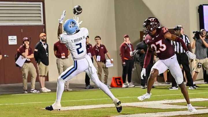 Sep 13, 2025; Blacksburg, Virginia, USA; Old Dominion Monarchs wide receiver Tre' Brown III (2) catches a pass for a touchdown as Virginia Tech Hokies cornerback Thomas Williams (23) defends during the second quarter at Lane Stadium. Mandatory Credit: Brian Bishop-Imagn Images Sep 13, 2025; Blacksburg, Virginia, USA; Old Dominion Monarchs wide receiver Tre' Brown III (2) catches a pass for a touchdown as Virginia Tech Hokies cornerback Thomas Williams (23) defends during the second quarter at Lane Stadium. Mandatory Credit: Brian Bishop-Imagn Images