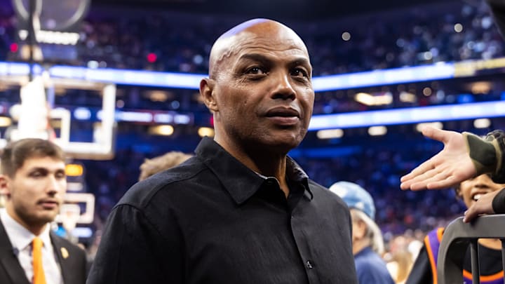 Nov 21, 2025; Phoenix, Arizona, USA; Phoenix Suns former player Charles Barkley in attendance against the Minnesota Timberwolves during an NBA Cup game at Mortgage Matchup Center.