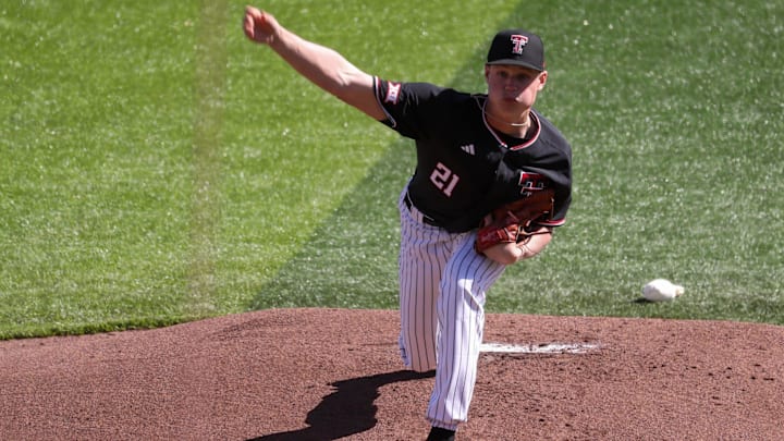 Texas Tech's Jackson Burns pitches against UAlbany during a non-conference baseball game, Friday, Feb. 20, 2026, at Rip Griffin Park.