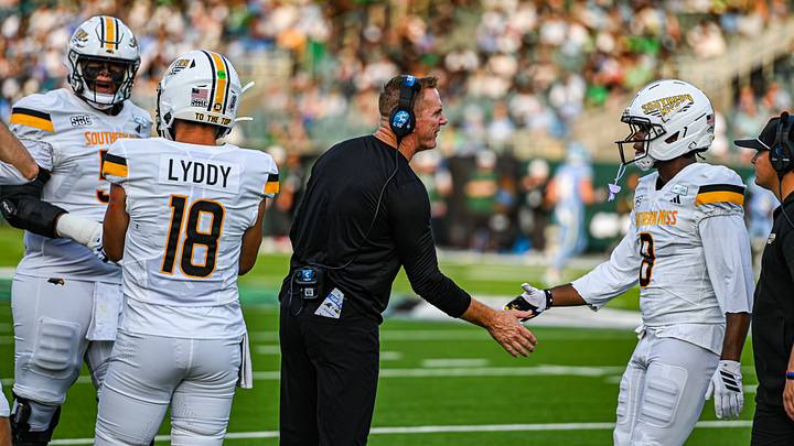 Southern Miss head coach Blake Anderson encouraging his players during the Golden Eagles' game at Tulane. Southern Miss head coach Blake Anderson encouraging his players during the Golden Eagles' game at Tulane.