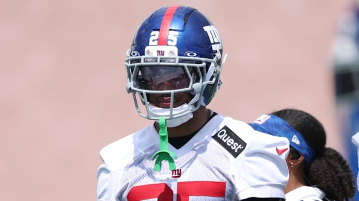 New York Giants cornerback Korie Black (25) looks on during training camp at Quest Diagnostics Training Center. New York Giants cornerback Korie Black (25) looks on during training camp at Quest Diagnostics Training Center.
