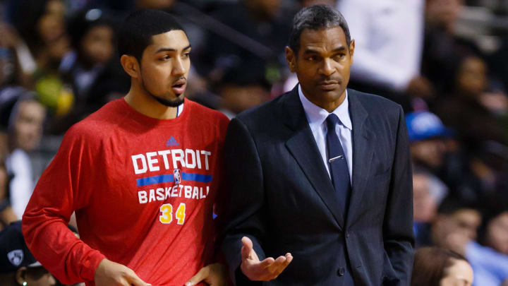 Nov 19, 2013; Auburn Hills, MI, USA; Detroit Pistons head coach Maurice Cheeks talks to point guard Peyton Siva (34) in the second half against the New York Knicks at The Palace of Auburn Hills. Mandatory Credit: Rick Osentoski-USA TODAY Sports