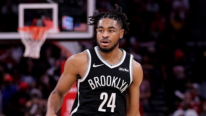 Oct 27, 2025; Houston, Texas, USA; Brooklyn Nets guard Cam Thomas (24) handles the ball against the Houston Rockets during the third quarter at Toyota Center. Mandatory Credit: Erik Williams-Imagn Images
Oct 27, 2025; Houston, Texas, USA; Brooklyn Nets guard Cam Thomas (24) handles the ball against the Houston Rockets during the third quarter at Toyota Center. Mandatory Credit: Erik Williams-Imagn Images