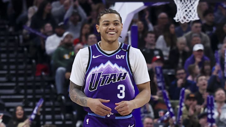 Jan 30, 2026; Salt Lake City, Utah, USA; Utah Jazz guard Keyonte George (3) reacts after a three point basket against the Brooklyn Nets during the second half at Delta Center. Mandatory Credit: Rob Gray-Imagn Images Jan 30, 2026; Salt Lake City, Utah, USA; Utah Jazz guard Keyonte George (3) reacts after a three point basket against the Brooklyn Nets during the second half at Delta Center. Mandatory Credit: Rob Gray-Imagn Images