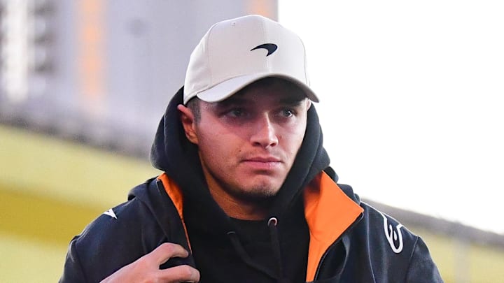 Nov 21, 2024; Las Vegas, Nevada, USA; McLaren driver Lando Norris (4) arrives before practice for the Las Vegas Grand Prix at Las Vegas Circuit. Mandatory Credit: Gary A. Vasquez-Imagn Images