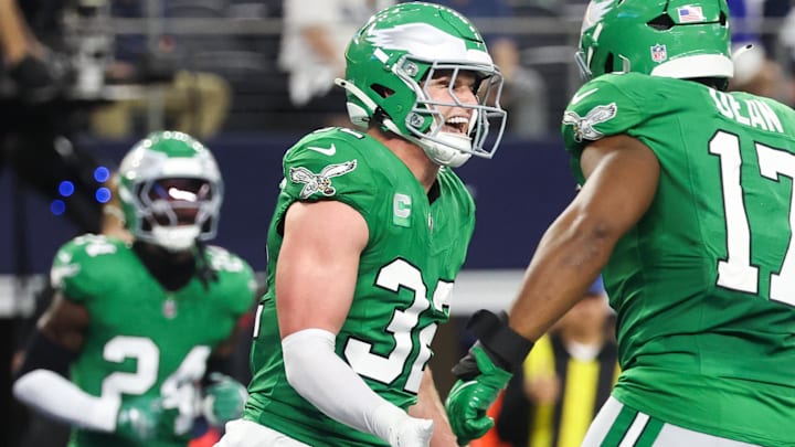 Philadelphia Eagles safety Reed Blankenship celebrates after an interception.
