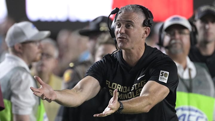 Oct 4, 2025; Tallahassee, Florida, USA; Florida State Seminoles head coach Mike Norvell during the first half against the Miami Hurricanes at Doak S. Campbell Stadium. Mandatory Credit: Melina Myers-Imagn Images