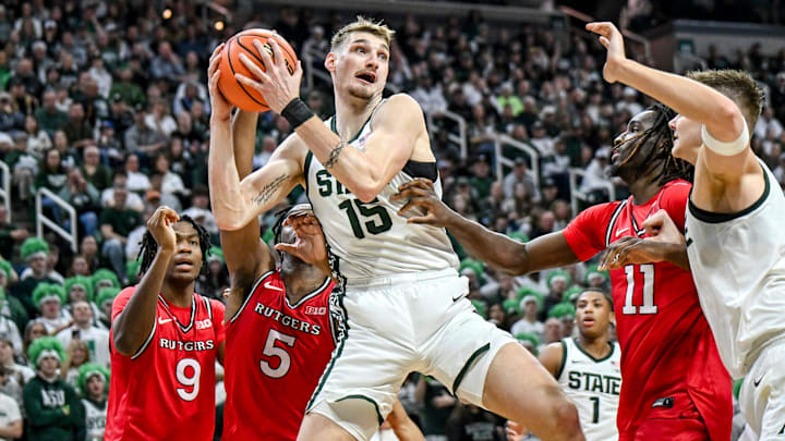 Michigan State's Carson Cooper pulls down a rebound against Rutgers during the second half on Thursday, March 5, 2026, at the Breslin Center in East Lansing.