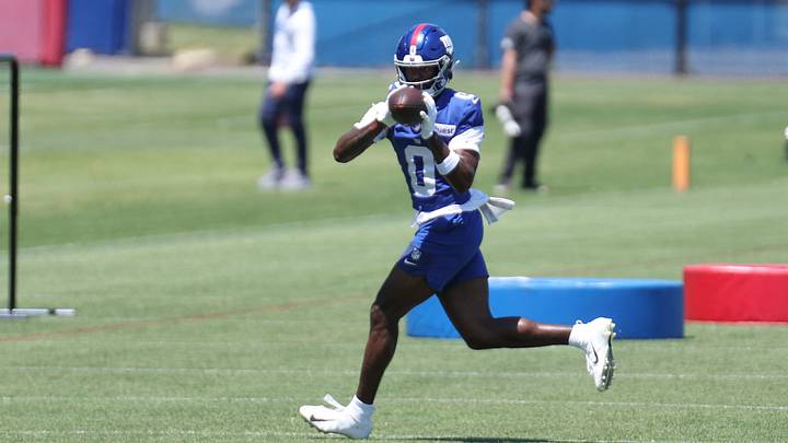 Jun 9, 2026; East Rutherford, NJ, USA; New York Giants wide receiver Malachi Fields (0) participates in drills during the minicamp activities at Quest Diagnostics Center. Mandatory Credit: Thomas Salus-Imagn Images