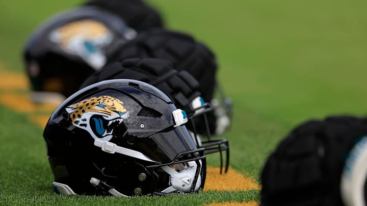 The helmet of Jacksonville Jaguars linebacker Josh Hines-Allen (41) sits at the back of the end zone during the third day of an NFL football training camp practice Friday, July 26, 2024 at EverBank Stadiumâ€™s Miller Electric Center in Jacksonville, Fla.