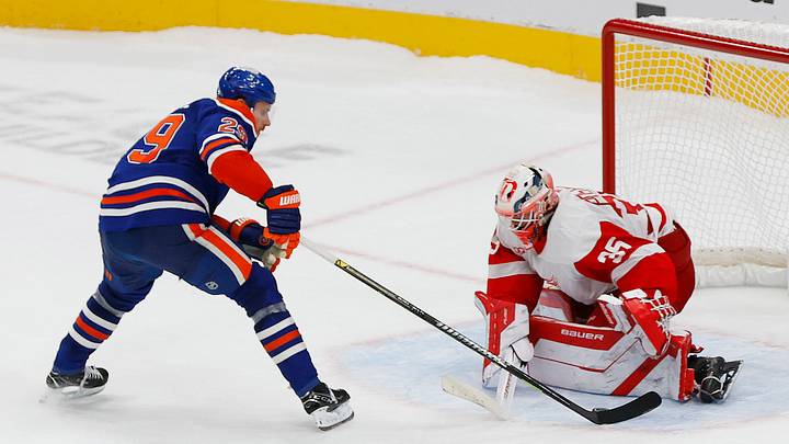 Oct 26, 2026; Edmonton, Alberta, CAN;  Detroit Red Wings goaltender Michal Postava (35) makes a save on  Edmonton Oilers forward Leon Draisaitl (29) during the shoot-out at Rogers Place.  Mandatory Credit: Perry Nelson-Imagn Images