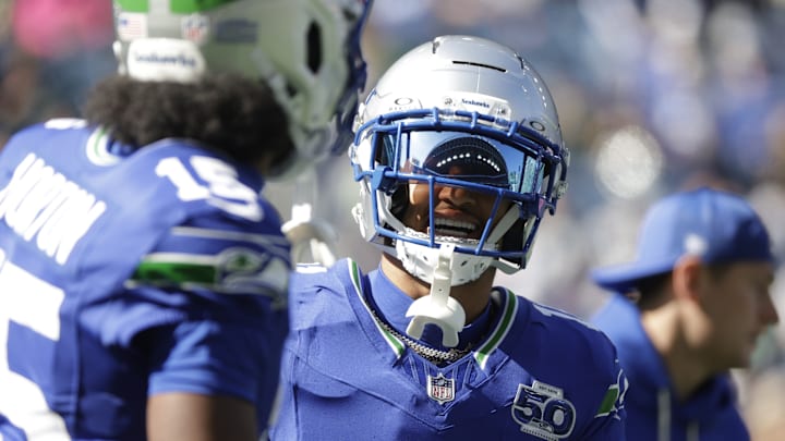 Oct 5, 2025; Seattle, Washington, USA; Seattle Seahawks wide receiver Jaxon Smith-Njigba (11) and wide receiver Tory Horton (15) warm up prior to a game against the Tampa Bay Buccaneers at Lumen Field. Oct 5, 2025; Seattle, Washington, USA; Seattle Seahawks wide receiver Jaxon Smith-Njigba (11) and wide receiver Tory Horton (15) warm up prior to a game against the Tampa Bay Buccaneers at Lumen Field.