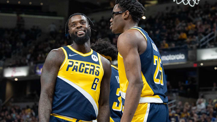 Mar 20, 2022; Indianapolis, Indiana, USA;  Indiana Pacers guard Lance Stephenson (6) and forward Jalen Smith (25) in the second half against the Portland Trail Blazers at Gainbridge Fieldhouse. Mandatory Credit: Trevor Ruszkowski-Imagn Images