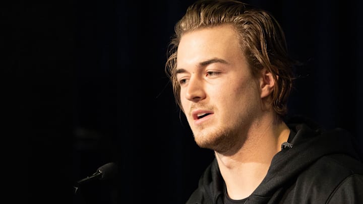 Pittsburgh quarterback Kenny Pickett talks to the media during the 2022 NFL Combine.