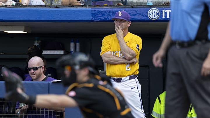 May 26, 2024; Hoover, AL, USA; LSU Tigers head coach Jay Johnson watches the game during the championship game between Tennessee and LSU at the SEC Baseball Tournament at Hoover Metropolitan Stadium. Mandatory Credit: Vasha Hunt-Imagn Images