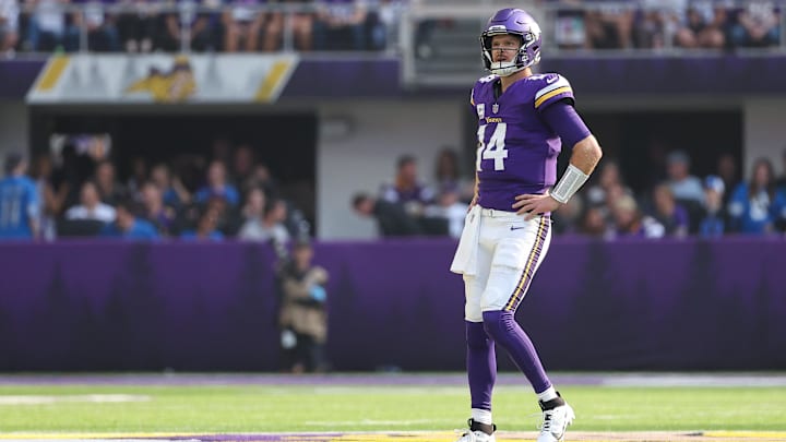 Oct 20, 2024; Minneapolis, Minnesota, USA; Minnesota Vikings quarterback Sam Darnold (14) looks on during the first quarter against the Detroit Lions at U.S. Bank Stadium. Mandatory Credit: Matt Krohn-Imagn Images