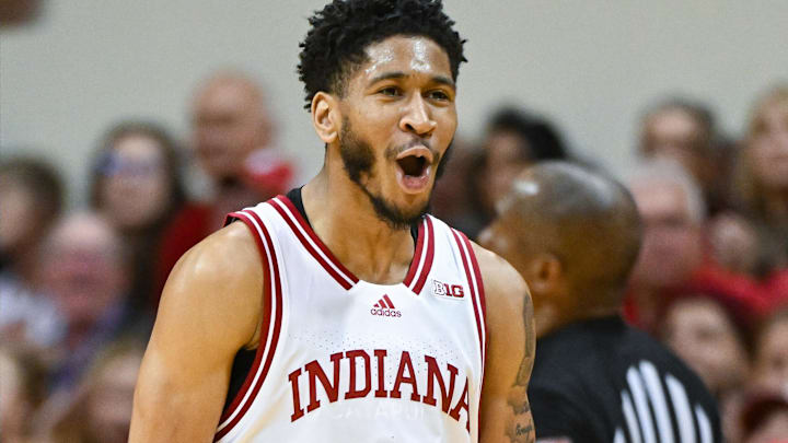 Indiana Hoosiers guard Kanaan Carlyle (9) celebrates against SIU-Edwardsville at Simon Skjodt Assembly Hall. 