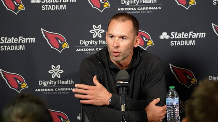 Arizona Cardinals head coach, Jonathan Gannon, discusses the upcoming NFL Draft during a press conference at Dignity Health Arizona Cardinals Training Center in Tempe on April 16, 2025. Arizona Cardinals head coach, Jonathan Gannon, discusses the upcoming NFL Draft during a press conference at Dignity Health Arizona Cardinals Training Center in Tempe on April 16, 2025.