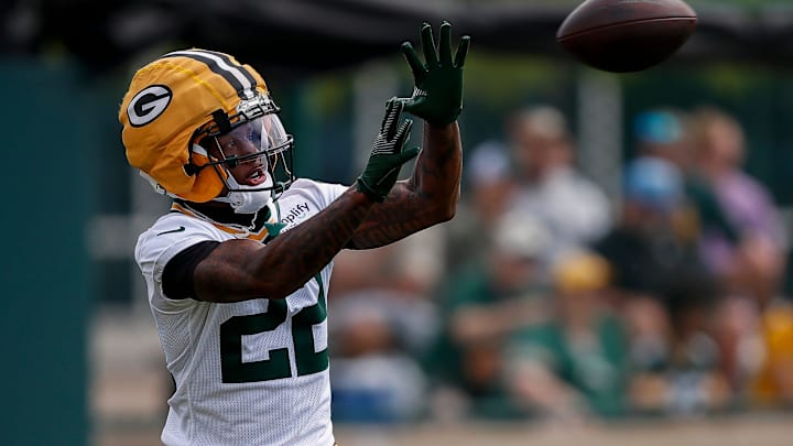 Green Bay Packers wide receiver Matthew Golden (22) catches a pass during the first day of training camp on Wednesday, July 23, 2025, at Ray Nitschke Field in Ashwaubenon, Wis. 
Tork Mason/USA TODAY NETWORK-Wisconsin