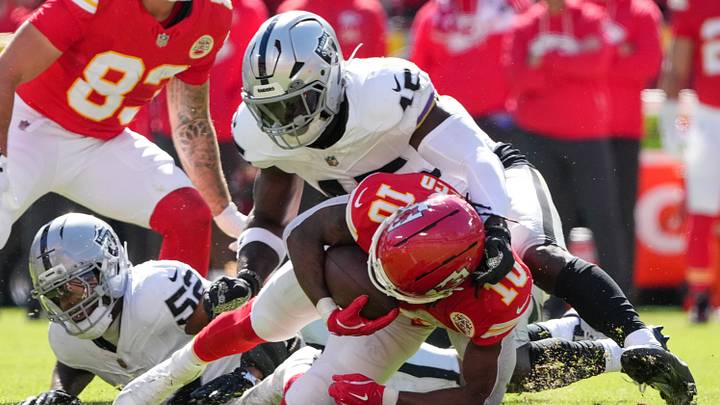 Las Vegas Raiders linebacker Devin White (45) tackles Kansas City Chiefs running back Isiah Pacheco Las Vegas Raiders linebacker Devin White (45) tackles Kansas City Chiefs running back Isiah Pacheco