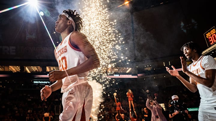 Texas Longhorns guard Tre Johnson (20) takes the court as the Longhorns prepare to take on the Arkansas Razorbacks at the Moody Center on Feb. 5, 2025. Arkansas won the game 78-70.