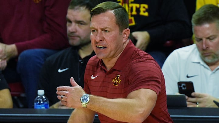 Iowa State Cyclones men's basketball head coach T.J. Otzelberger calls a play during the second half against Long Beach State in the NCAA men’s basketball on Dec. 21, 2025, at Hilton Coliseum in Ames, Iowa.