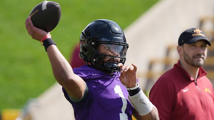 Iowa State quarterback Jaylen Raynor (1) throws a pass during warmup before spring football at Jack Trice Stadium on April 25, 2026, in Ames, Iowa Iowa State quarterback Jaylen Raynor (1) throws a pass during warmup before spring football at Jack Trice Stadium on April 25, 2026, in Ames, Iowa