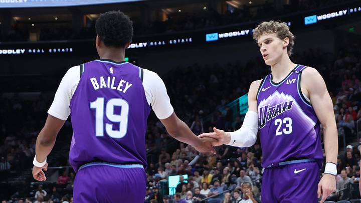 Nov 13, 2025; Salt Lake City, Utah, USA; Utah Jazz forward Lauri Markkanen (23) and guard Ace Bailey (19) react to a play against the Atlanta Hawks during the second half at Delta Center. Mandatory Credit: Rob Gray-Imagn Images Nov 13, 2025; Salt Lake City, Utah, USA; Utah Jazz forward Lauri Markkanen (23) and guard Ace Bailey (19) react to a play against the Atlanta Hawks during the second half at Delta Center. Mandatory Credit: Rob Gray-Imagn Images