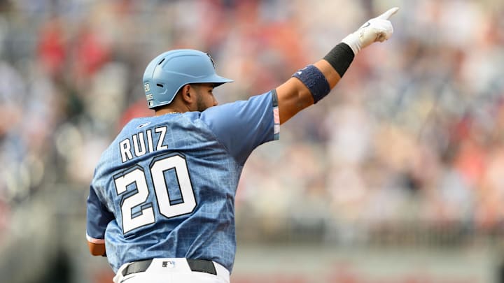 Mar 29, 2025; Washington, District of Columbia, USA; Washington Nationals catcher Keibert Ruiz (20) reacts after hitting a home run during the second inning against the Philadelphia Phillies at Nationals Park Mar 29, 2025; Washington, District of Columbia, USA; Washington Nationals catcher Keibert Ruiz (20) reacts after hitting a home run during the second inning against the Philadelphia Phillies at Nationals Park
