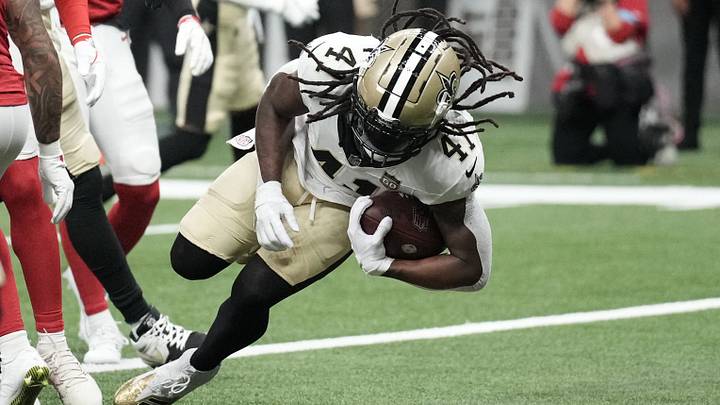 Oct 5, 2026; New Orleans, Louisiana, USA; New Orleans Saints running back Alvin Kamara (41) scores a touchdown against the Atlanta Falcons during the first half at Caesars Superdome. Mandatory Credit: Matthew Hinton-Imagn Images Oct 5, 2026; New Orleans, Louisiana, USA; New Orleans Saints running back Alvin Kamara (41) scores a touchdown against the Atlanta Falcons during the first half at Caesars Superdome. Mandatory Credit: Matthew Hinton-Imagn Images