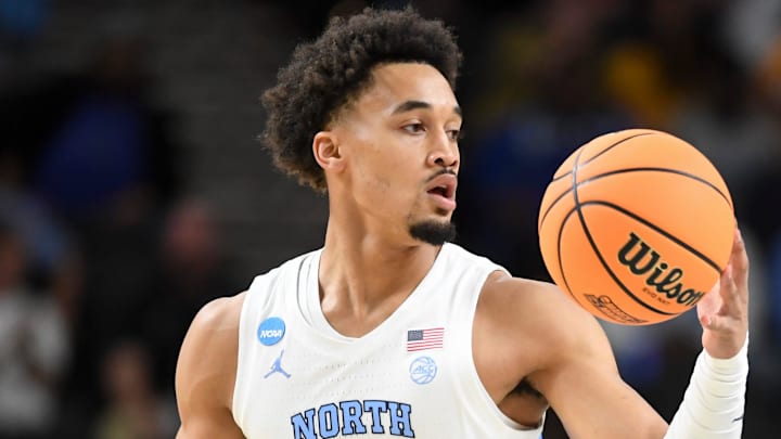 North Carolina Tar Heels guard Seth Trimble (7) drives to the basket Thursday, March 19, 2026, during the NCAA Men’s Basketball Tournament first round game against the VCU Rams at Bon Secours Wellness Arena in Greenville, South Carolina.