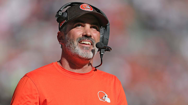 Cleveland Browns head coach Kevin Stefanski is all smiles as he watches running back Nick Chubb score a touchdown during the first half of an NFL football game at Huntington Bank Field, Sunday, Oct. 20, 2024, in Cleveland, Ohio.