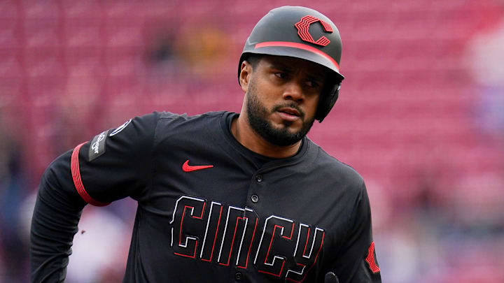 Apr 11, 2025; Cincinnati, Ohio, USA;   Cincinnati Reds third base Jeimer Candelario (3) runs the bases after hitting a home run against the Pittsburgh Pirates at Great American Ball Park