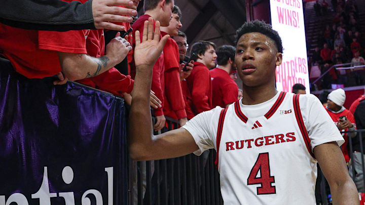 Mar 9, 2025; Piscataway, New Jersey, USA; Rutgers Scarlet Knights guard Ace Bailey (4) slap hands with fans after the game against the Minnesota Golden Gophers at Jersey Mike's Arena. Mandatory Credit: Vincent Carchietta-Imagn Images Mar 9, 2025; Piscataway, New Jersey, USA; Rutgers Scarlet Knights guard Ace Bailey (4) slap hands with fans after the game against the Minnesota Golden Gophers at Jersey Mike's Arena. Mandatory Credit: Vincent Carchietta-Imagn Images