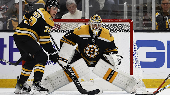 Feb 8, 2025; Boston, Massachusetts, USA; Boston Bruins goaltender Jeremy Swayman (1) and defenseman Charlie McAvoy (73) guard the front of the goal against the Vegas Golden Knights during the first period at TD Garden. Mandatory Credit: Winslow Townson-Imagn Images Feb 8, 2025; Boston, Massachusetts, USA; Boston Bruins goaltender Jeremy Swayman (1) and defenseman Charlie McAvoy (73) guard the front of the goal against the Vegas Golden Knights during the first period at TD Garden. Mandatory Credit: Winslow Townson-Imagn Images