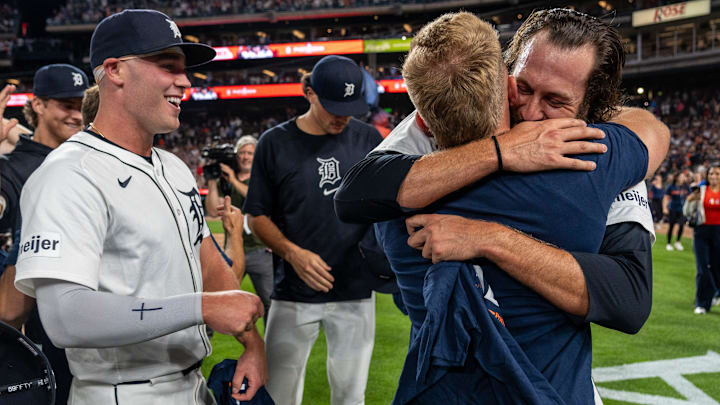 Players of the Detroit Tigers celebrate alongside family and friends after clinching a playoff after defeating the Chicago White Sox at Comerica Park in Detroit on Friday, Sept. 27, 2024.