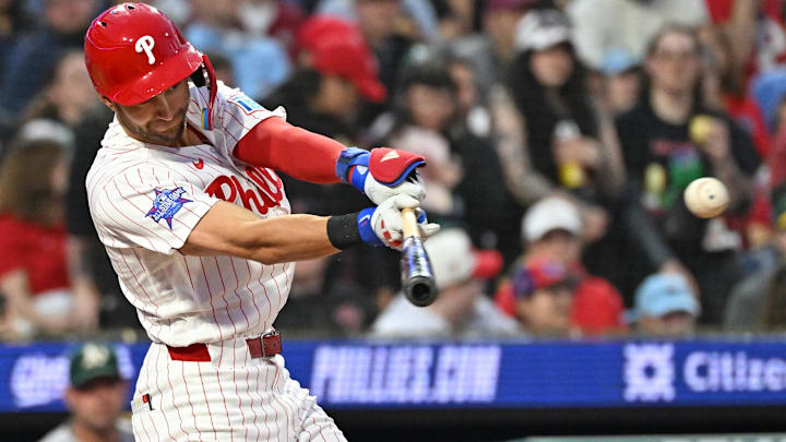 May 6, 2026; Philadelphia, Pennsylvania, USA; Philadelphia Phillies shortstop Trea Turner (7) hits a single against the Athletics during the fifth inning at Citizens Bank Park.