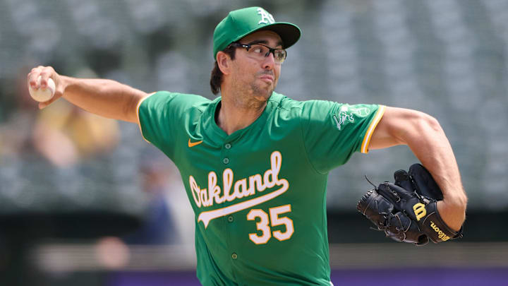 Aug 24, 2024; Oakland, California, USA; Oakland Athletics starting pitcher Joe Boyle (35) throws a pitch against the Milwaukee Brewers during the first inning at Oakland-Alameda County Coliseum. Mandatory Credit: Robert Edwards-Imagn Images