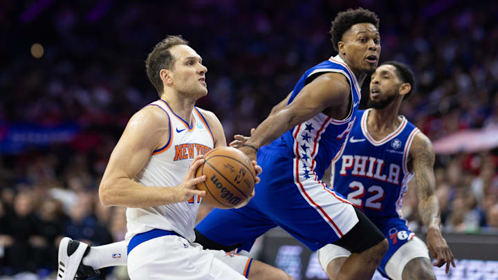 Apr 25, 2024; Philadelphia, Pennsylvania, USA; New York Knicks forward Bojan Bogdanovic (44) drives