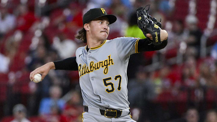 Aug 27, 2025; St. Louis, Missouri, USA; Pittsburgh Pirates relief pitcher Bubba Chandler (57) pitches against the St. Louis Cardinals during the fourth inning at Busch Stadium. Mandatory Credit: Jeff Curry-Imagn Images Aug 27, 2025; St. Louis, Missouri, USA; Pittsburgh Pirates relief pitcher Bubba Chandler (57) pitches against the St. Louis Cardinals during the fourth inning at Busch Stadium. Mandatory Credit: Jeff Curry-Imagn Images