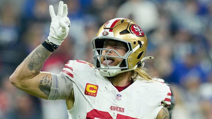 San Francisco 49ers tight end George Kittle (85) reacts after a play Monday, Dec. 22, 2025, during a game against the Indianapolis Colts at Lucas Oil Stadium in Indianapolis. San Francisco 49ers tight end George Kittle (85) reacts after a play Monday, Dec. 22, 2025, during a game against the Indianapolis Colts at Lucas Oil Stadium in Indianapolis.