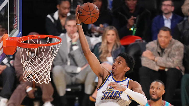 Feb 16, 2025; San Francisco, CA, USA; Candace's Rising Stars forward Ryan Dunn (0) of the Phoenix Suns shoots the ball against Shaq's OGs during the 2025 NBA All Star Game at Chase Center. Mandatory Credit: Cary Edmondson-Imagn Images Feb 16, 2025; San Francisco, CA, USA; Candace's Rising Stars forward Ryan Dunn (0) of the Phoenix Suns shoots the ball against Shaq's OGs during the 2025 NBA All Star Game at Chase Center. Mandatory Credit: Cary Edmondson-Imagn Images