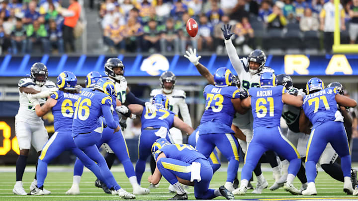 Jan 5, 2025; Inglewood, California, USA;   Los Angeles Rams Kicker Joshua Karty (16) kicks his one of four field goals at SoFi Stadium for the Seattle Seahawks at Los Angeles Rams Week 18 matchup. Mandatory Credit: William Navarro-Imagn Images