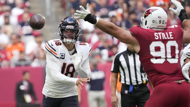 Caleb Williams gets away a side-armed pass in Sunday's 29-9 loss to the Cardinals. Caleb Williams gets away a side-armed pass in Sunday's 29-9 loss to the Cardinals.