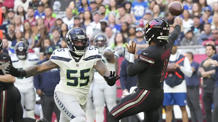 Dre'Mont Jones puts heat on Kyler Murray last season for the Seattle Seahawks. 